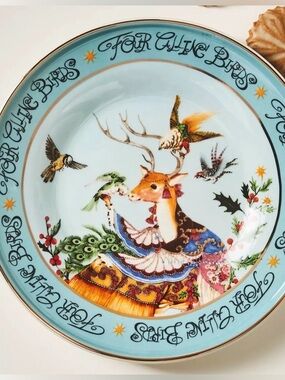 Anthropologie Deer and Parrot 12 Days of Christmas Dessert Plate NWT